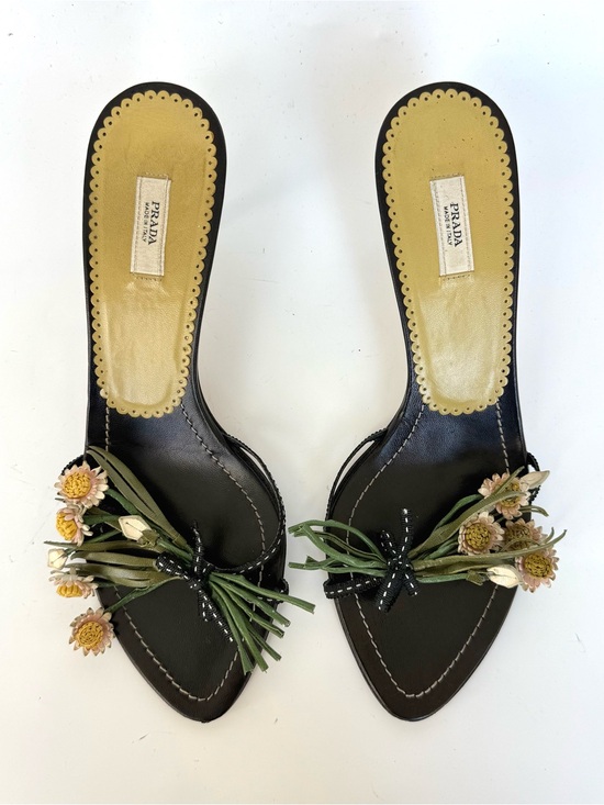 Prada Shoes - Vintage Prada Black kitten heel sandals with leather Flowers size 37.5